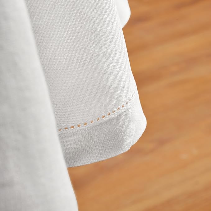 Solino Home Linen Round Tablecloth 70 Inch - 100% Pure Linen White Round Tablecloth - Machine Washable Table Cloth for Valentines, Holiday, New Year - Sonoma Hemstitch