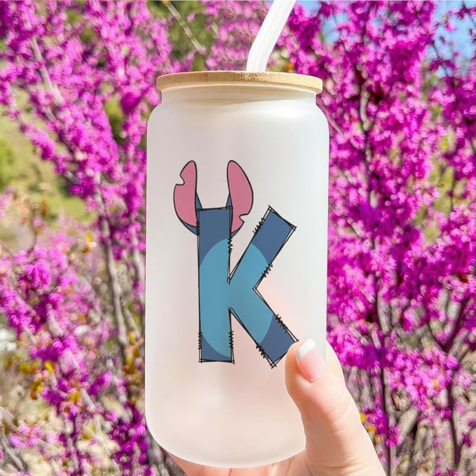 Cute Cartoon Lover Gifts Initial A-Z Personalized Iced Coffee Cup Cartoon Merch 16oz Glass Cup with Lid and Straws Birthday Christmas Gifts for Women Teen Girls Fans (Letter K)
