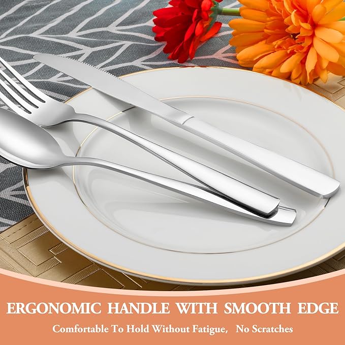 40 Pcs Silverware Set, Stainless Steel Flatware Set for 8, Food-Grade Cutlery Set, Mirror Polished Tableware Eating Utensils Set for Home Kitchen, Include Knife Fork Spoon Set, Dishwasher Safe