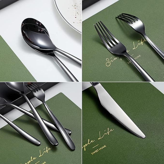 HOMQUEN 40-Piece Black Silverware Set, Black Flatware Set for 8, Stainless Steel Tableware Cutlery Set, Utensil Sets for Kitchen, Forks and Spoons Silverware (Shiny Black)
