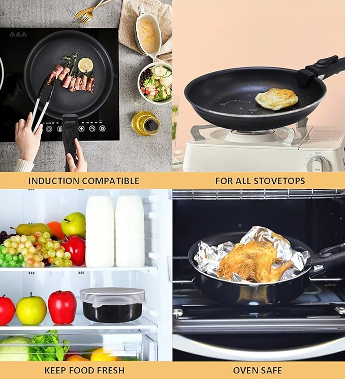 16 Pieces Kitchen Removable Handle Cookware Sets, Stackable Pots and Pans Set Nonstick for Induction Gas RVs Camping Space Saving