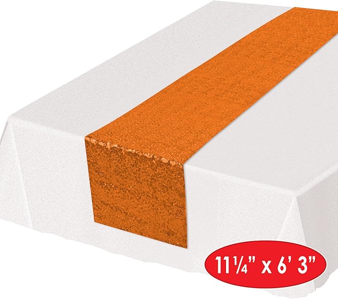 Beistle Sequined Fabric Table Runner Wedding Decorations, Birthday Party, Reception, Baby Shower, Graduation, Halloween, Holiday Celebrations, 11.25" x 75", Orange