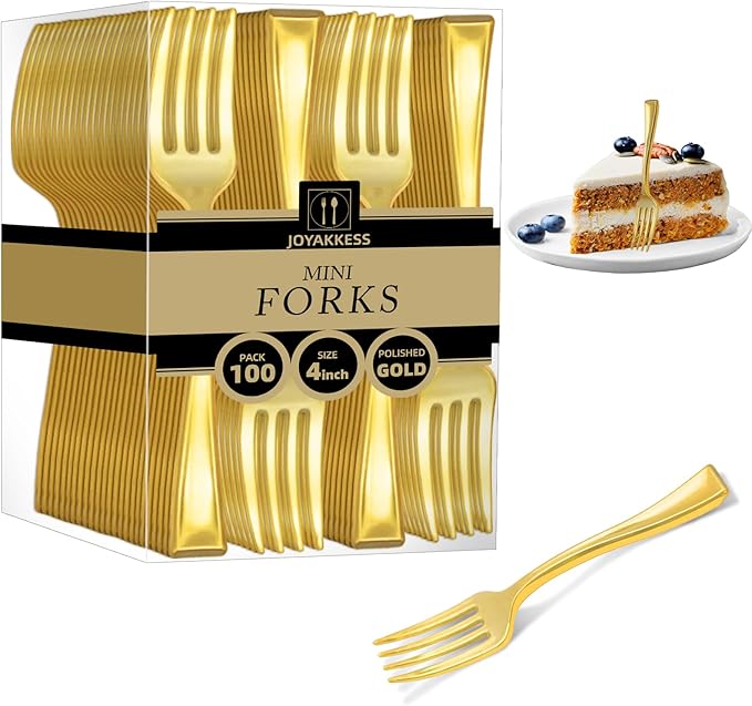 100 PCS Gold Mini Forks Heavy Duty, 4 inch Gold Plastic Fork, Mini Forks for Appetizers, Dessert Fork Disposable, BPA Free, Food Safe, Suitable for All Occasions