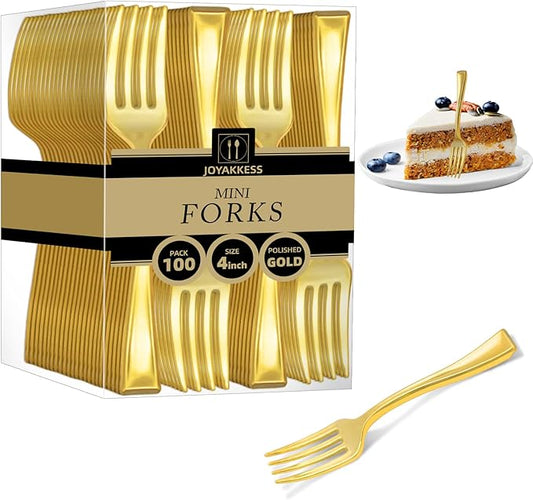 100 PCS Gold Mini Forks Heavy Duty, 4 inch Gold Plastic Fork, Mini Forks for Appetizers, Dessert Fork Disposable, BPA Free, Food Safe, Suitable for All Occasions