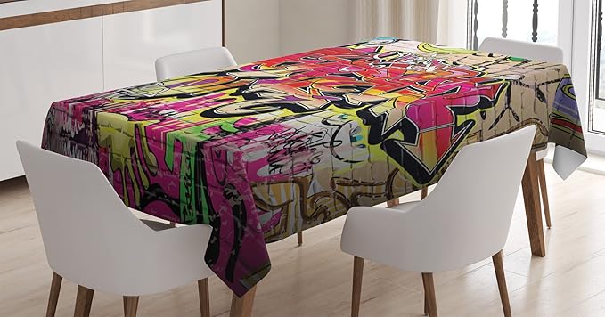 Ambesonne Brick Wall Tablecloth, Graffiti on Wall Urban Street Art with Spray Paint Tagger Underground Theme, Rectangular Table Cover for Dining Room Kitchen Decor, 52" X 70", Soft Red
