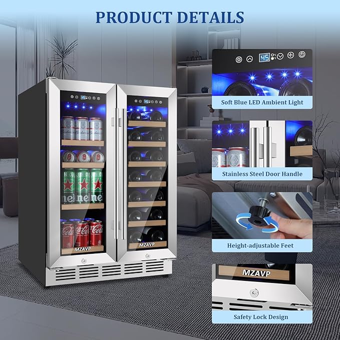 24 Inch Wine and Beverage Refrigerator, Dual Zone Beverage Cooler with Glass Door, Built-In or Freestanding Wine Fridge with Fast Cooling, 20 Bottles and 88 Cans Large Capacity