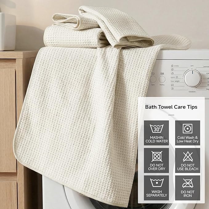 REDKISS 8 Pack Microfiber Waffle Bath Towels - Beige Waffle Towels for Bathroom, Extra Large, Highly Absorbent, Quick Dry Bath Towel Set, Lint Free Bathroom Towel for Gym, Shower, Hotel and Spa
