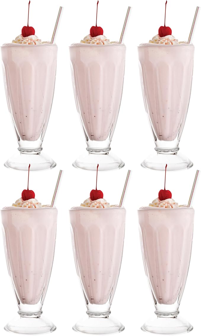 Vikko Milkshake Glasses, Set of 6 Footed Ice Cream Cups, 11.5 Ounce Milkshake Cups, Thick and Durable Dessert Cups Glass, Ice Cream Bowls, Sundae Glasses