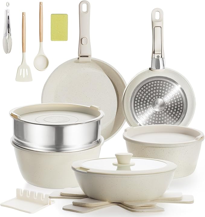 21PCS Nonstick Ceramic Pots and Pans, Ceramic Cookware with Detachable Handle, RV Kitchen Cookware Set, Cookware Set with Removable Handles, Oven Safe, Stackable Storage