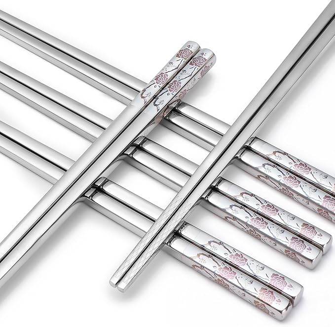 Stainless Steel Chopsticks, Titanium Plated Metal Chopsticks, 9.8" Premium Japanese Korean Color Laser Engraved Cooking Chop Sticks, Dishwasher Safe, Reusable, Anti-slip, Anti-scald, 2 Pairs Gift Set
