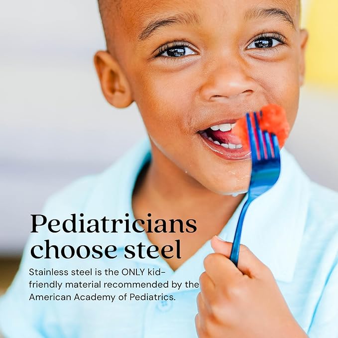 Ahimsa Stainless Steel Kids Utensils, Pediatrician Designed, Colorful Silverware for Kids & Toddlers, Non Toxic, Dishwasher Safe, Iridescent Blue Fork and Spoon Set