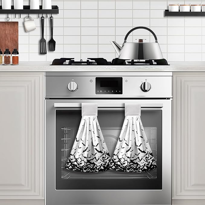 Halloween Hanging Kitchen Towels Spooky Bats Hand Tie Towel Scary Black Halloween Dish Tea Towels with Loop or Tabletop Bathroom Home Decorations