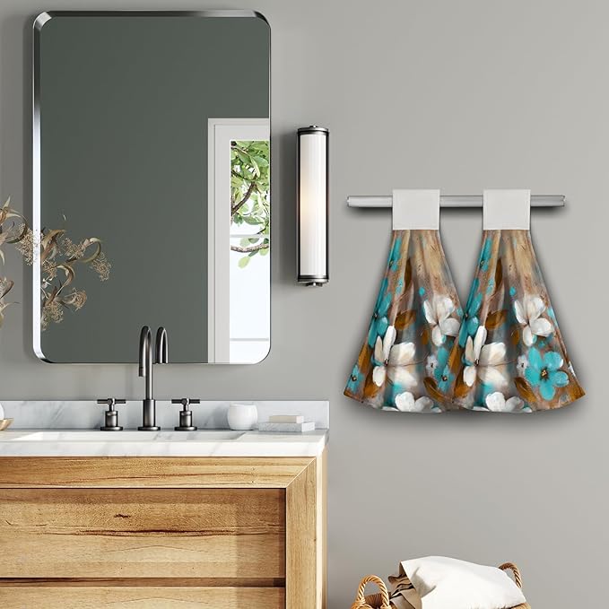 Giwawa Teal Floral Kitchen Hand Towels Abstract Canvas Hanging Tie Towel 2PCS Soft Dish Cloth Fingertip Towel for Bathroom Restroom Home Decor