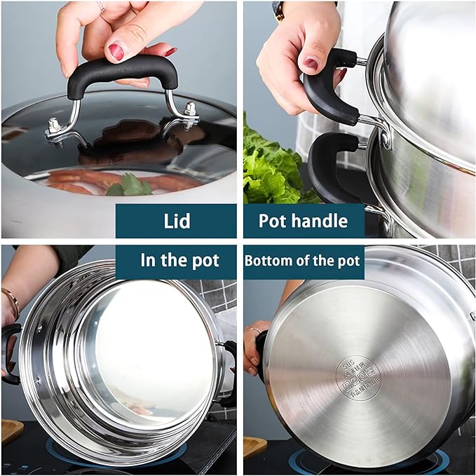 MANO Steamer Pot for Cooking 12.6 inch Steam Pots with Lid 2-tier Stainless Steel Steaming Pot Multipurpose Cookware with Handle for Vegetable, Dumpling, Stock, Sauce, Food…