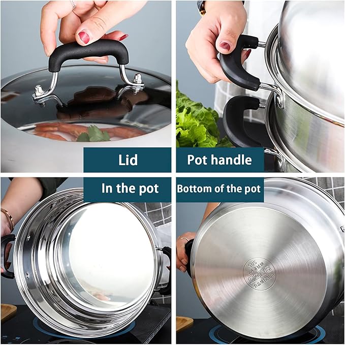 MANO Steamer Pot for Cooking 11.8 inch Steam Pots with Lid 2-tier Stainless Steel Steaming Pot Multipurpose Cookware with Handle for Vegetable, Dumpling, Stock, Sauce, Food