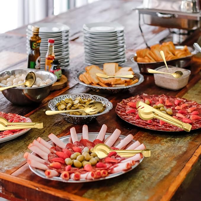 Serving Utensils Fine Include Large Serving Spoons Slotted Serving Spoons Serving Forks Serving Tongs Soup Ladle and Pie Server Buffet Catering Serving Utensils for Dishwasher Safe (Gold, 12)