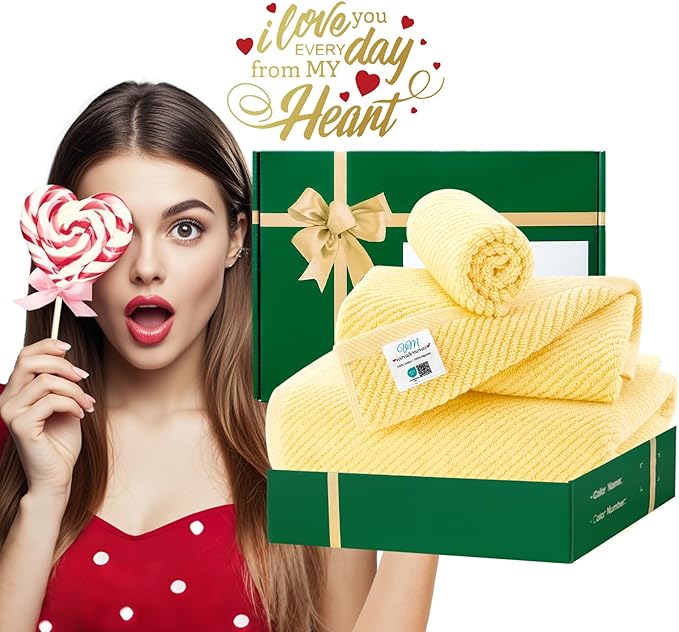 Yellow Towels for Bathroom - 100% Cotton | Quick Dry | Soft | Thick | Large, 3 Piece Towel Set, 1 Large Bath 30" x 56", 1 Hand 18" x 28", 1 Wash Cloth 13" x 13", Bathroom Essentials, Lemon Glow