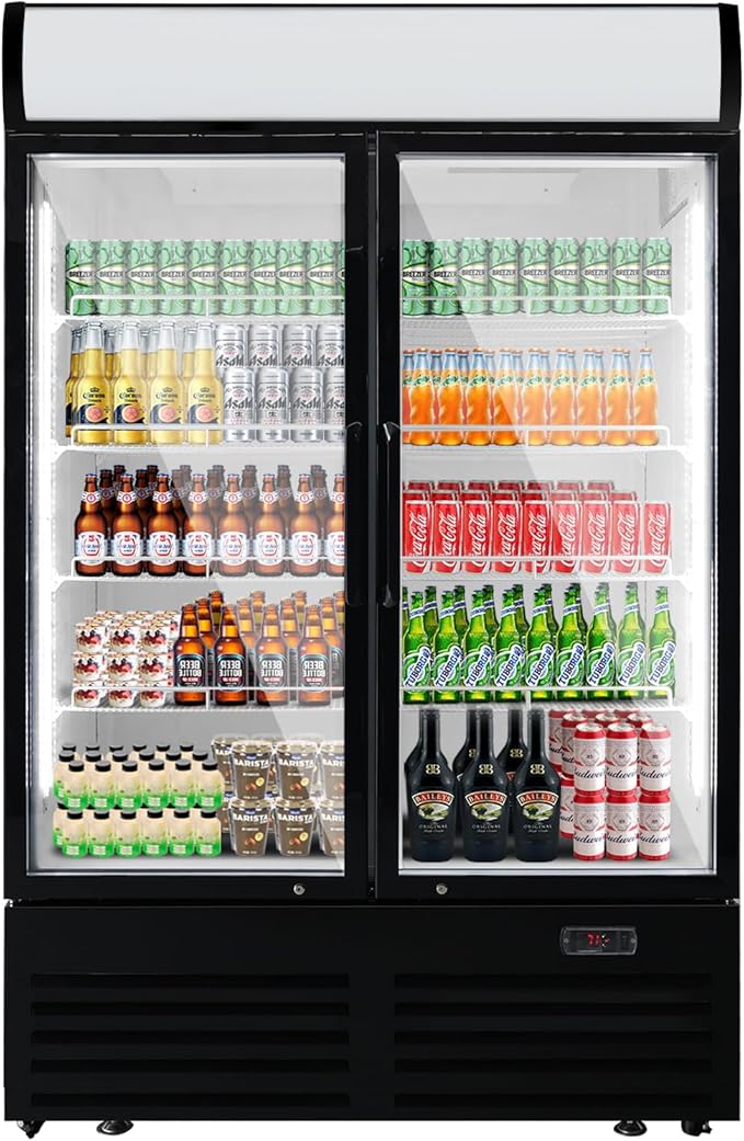 36 Cu Ft Commercial Beverage Refrigerator with 2 Glass Doors - Upright Drink Cooler Merchandiser with LED Light Display, 8 Adjustable Shelves, Black, ETL Approved for Business & Retail