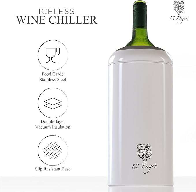 Wine Chiller Set - Perfect Wine Gifts for Women & Men - Stainless Steel Insulated Wine Cooler with Wine Pump, Aerator & 4 Stoppers (White Matte)