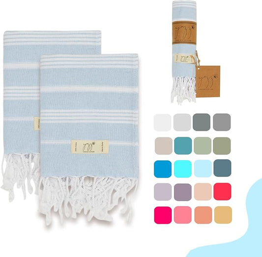 Hand Towels - Set of 2, 18" x 30" inches, Cotton, Decorative Peshtemal Cotton Hand Towels for Kitchen, Bath, Guest, Face, Hair, Gym, Yoga, Dishcloth, Travel (Baby Blue)