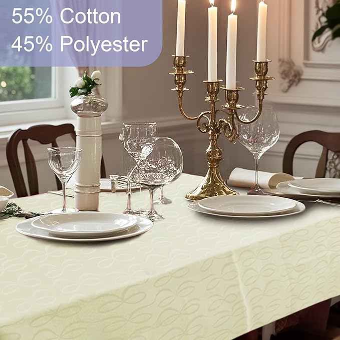 Cream Tablecloths 60"x120" (10-12 Seat) - Cotton Polyester - 9ft Table Cloths for Rectangle Tables - Fade Resistant, Washable & Reusable, 1PC Jacquard Table Cover for Dining & Party, Champagne Bows