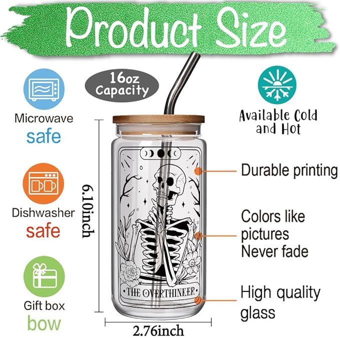 FALJIOK The Overthinker Tarot Card Glass Cup w/Lid Straw 16OZ, Gothic Goth Skull Gifts, Spooky Skeleton Glass Gift for Halloween, Witchy Gifts for Women Tarot Lovers