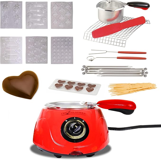 Total Chef Electric Chocolatiere Melter 32+ Accessories Fondue Pot Set Chocolate Fountain and Candy Melts 8.8 oz (250 g) DIY Candy Maker Dessert Special Occasion Gift Set for Romantic Dinner Red