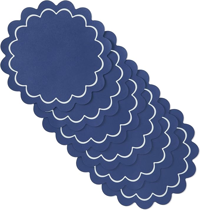 Kate Spade New York Scallop Edge Round Reversible Placemats 6-Pack Set, Imitation Leather with Metallic Print, Water Resistant, Easy Wipe Clean, Navy/Silver, 15" Round