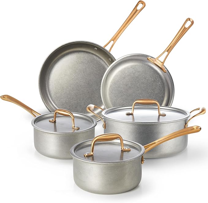 KOKHUB Pots and Pans Set 8 Pcs, Vintage Stainless Steel Cookware Set Non-Toxic, PFOA/PFOS/PTFE Free, Kitchen Cooking Set with Frying Pans, Saucepans, Oven & Dishwasher Safe, Induction Compatible