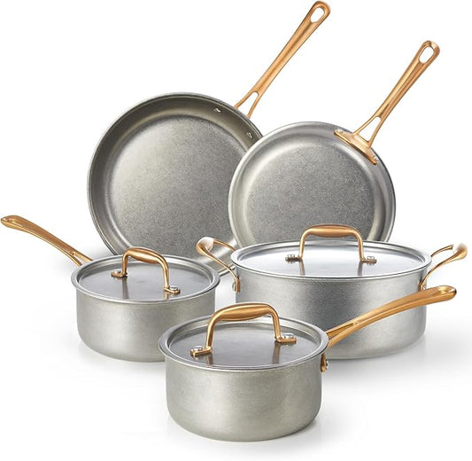 KOKHUB Pots and Pans Set 8 Pcs, Vintage Stainless Steel Cookware Set Non-Toxic, PFOA/PFOS/PTFE Free, Kitchen Cooking Set with Frying Pans, Saucepans, Oven & Dishwasher Safe, Induction Compatible