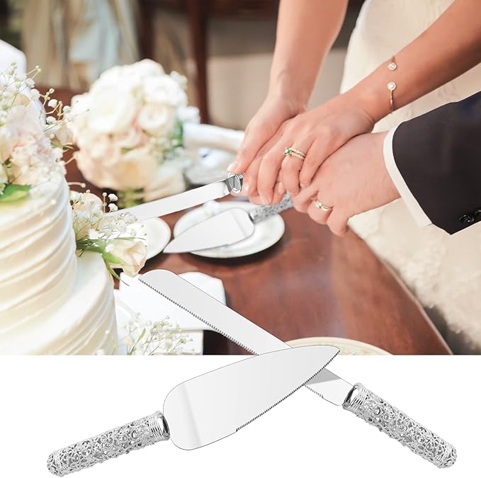 Wedding Silver Cake Knife and Server Set - 2 Pcs Dessert Set Metal Handle with Crystal Stones Decoration for Wedding, Anniversary Party Birthday Banquets,Gifts for Bride and Groom