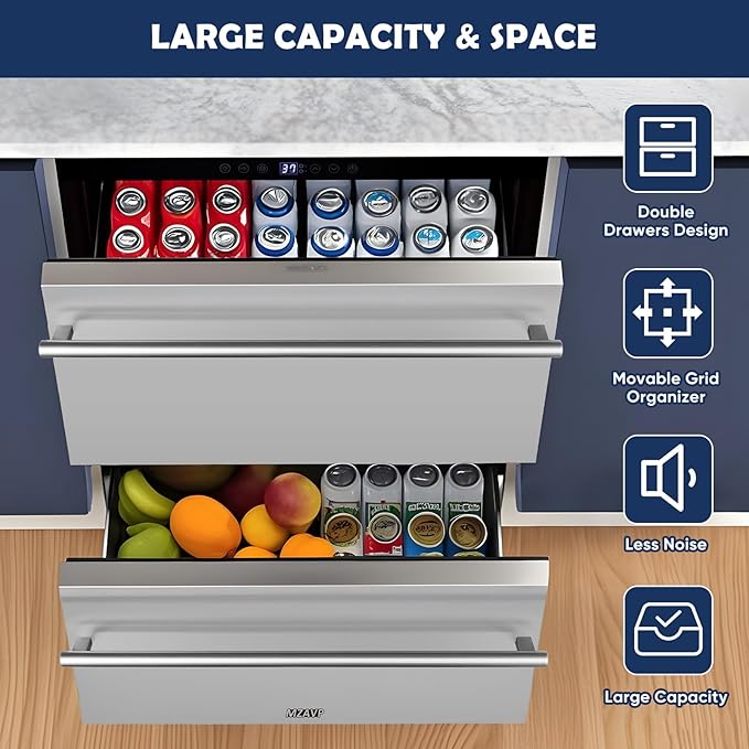 24 Inch Double Drawer Fridge, Stainless Steel Outdoor Beverage Refrigerator for Patio and Kitchen, Freestanding or Built-In, Mobile Grid Organizer, Home and Commercial Use