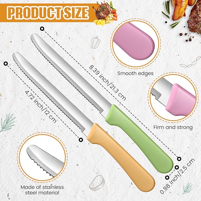 Geelin 50 Pieces 8.5 Inch Rounded Serrated Blade Steak Knives Stainless Steel Round Tip Blade Steak Knife with Plastic Handle for Kitchen Butter Cutlery Restaurant (Multicolor)