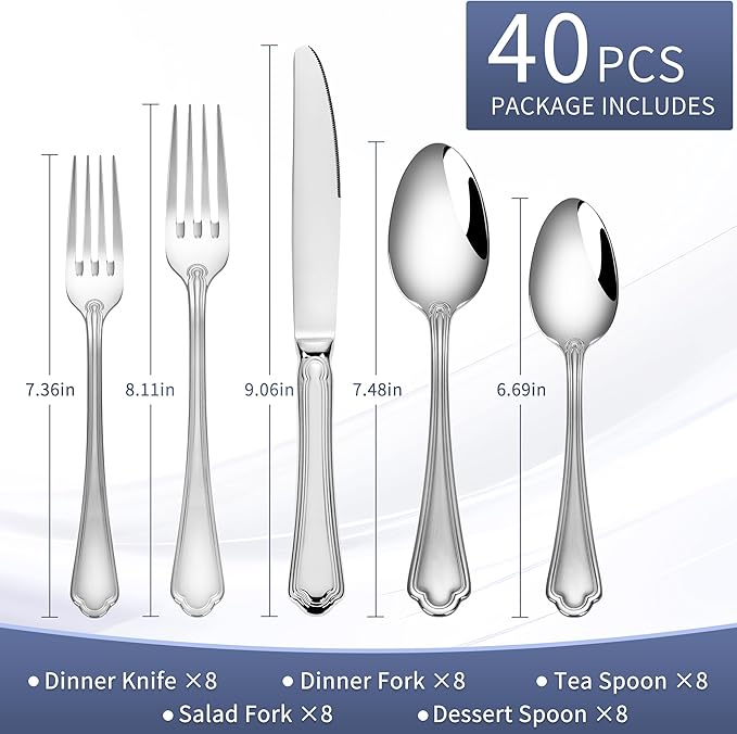 Silverware Set for 8, 40 Piece Flatware Set 18/10 Stainless Steel, High End Silverware, Fork Knife and Spoon Set, High End Flatware, Ideal for Gift