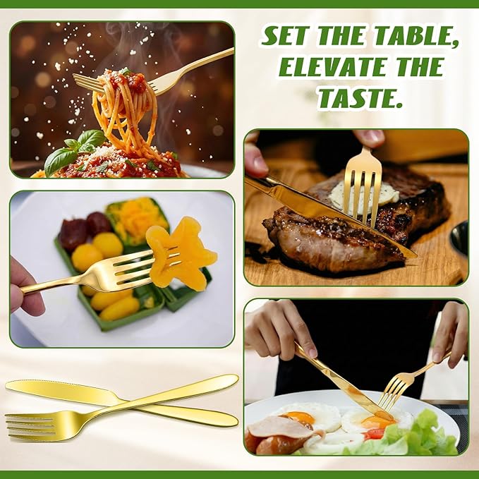 Nuenen 100 Pieces Stainless Steel forks and knives Dinner Flatware Set Tableware Cutlery for Butter Kitchen Restaurant, Dishwasher Safe (Gold,9.06 Inches, 8.07 Inches)