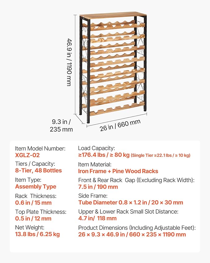 VEVOR 48 Bottle Wine Rack,8-Tier Wine Bottle Holder,Freestanding Floor Display Wine Storage Shelves with Wood Table Top,for Kitchen Pantry, Cellar, Bar, Dining Room, Living Room, Black