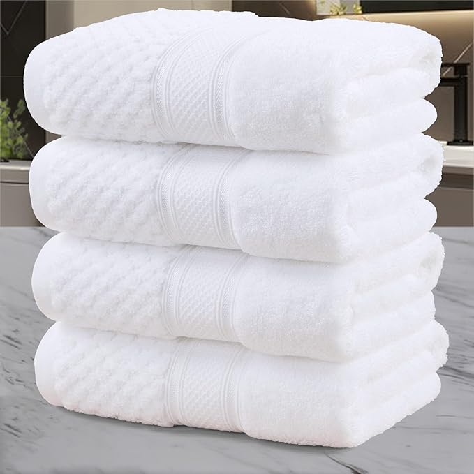 VOOVA & MOVAS Luxury Hotel-Grade Hand Towels 4PC (18"X30",500GSM)- 100% Cotton, Ultra-Soft & Highly Absorbent, Long-Lasting Durability, Machine Washable Towel Set for Bathroom,Solid White