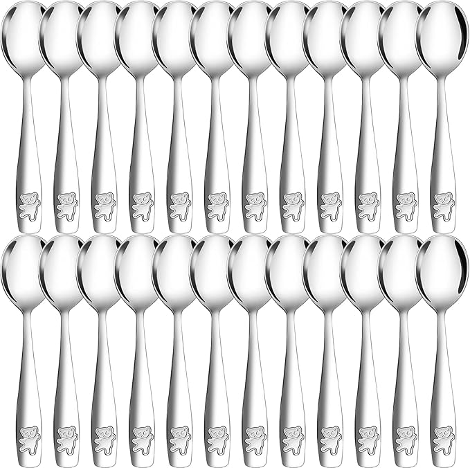 Jeffbaubl 24 Piece Kids Spoons, 6.5 inch Stainless Steel Toddler Spoons, Metal Children Spoon Flatware, Baby Spoon for Self Feeding, Child and Toddler Safe Silverware Kids Utensils, Dishwasher Safe