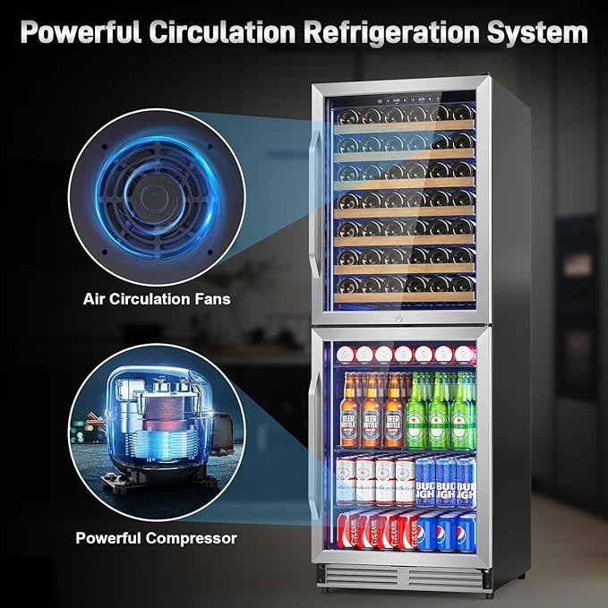 24 Inch Wide Wine and Beverage Refrigerator, 2 IN 1 Dual Zone Wine Cooler, Built-In/Freestanding Beverage Wine Fridge with Safety Lock, Low Noise and Fast Cooling Silver