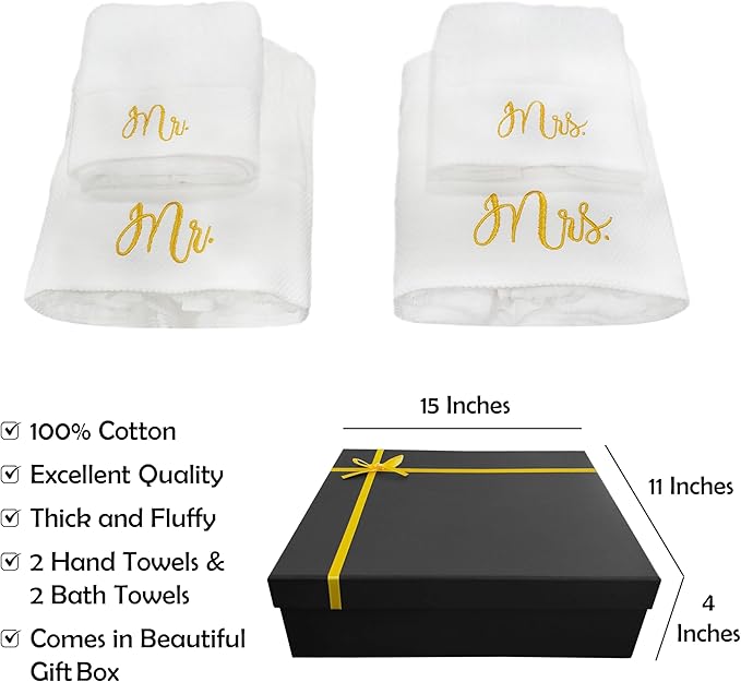 RUBBER BOND Mr and Mrs Towels Set with Gift Box - 4 Pack Bath & Hand Towels for Couples - Cotton Towels Set - Wedding, Honeymoon Gifts - White Bathroom Towel Set with Gold Embroidery