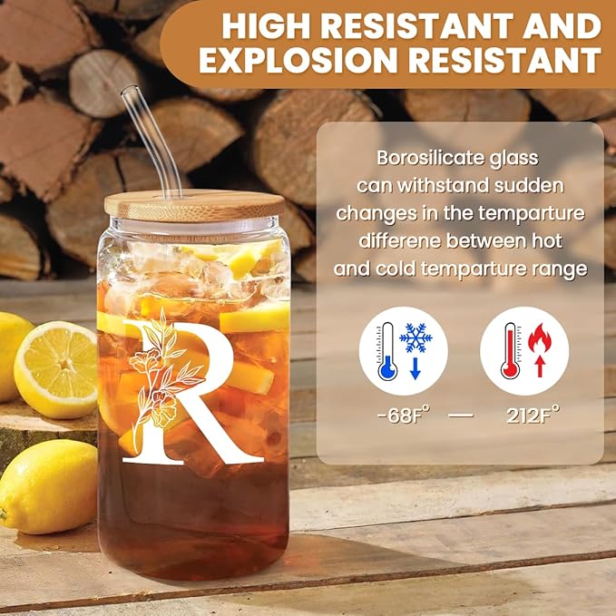 SANDJEST Monogrammed Gifts for Women - Monogram R Initial Glass Cup 16 Oz Can Coffee Cups with Lid and Straw - Monogram Initials Gifts for Womens on Birthday