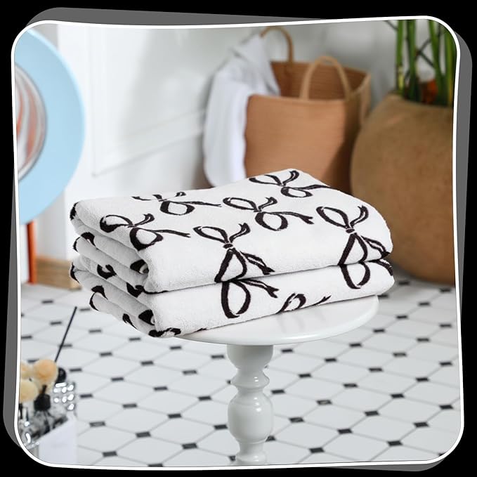2 Pcs Black Bow Bathroom Towels 100% Cotton Coquette Bow Bath Towels 28 x 55 Inch Absorbent Soft Preppy Bathroom Decor for Spa Gym Kitchen Women Gifts
