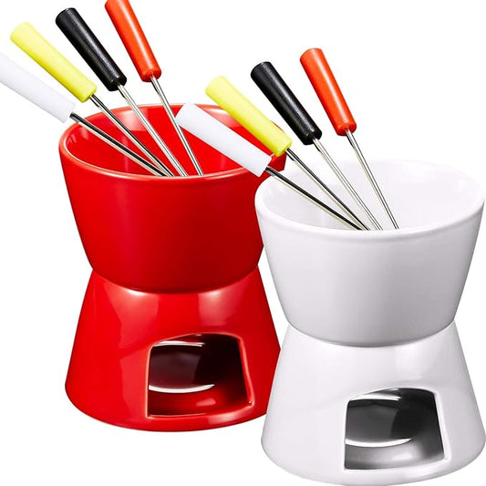 Mudder Fondue Mug Ceramic Pot and 8 Pieces Forks for Melting Chocolate, Cheese, Broth Or Tapas On Valentine‘s Day(Red and White)