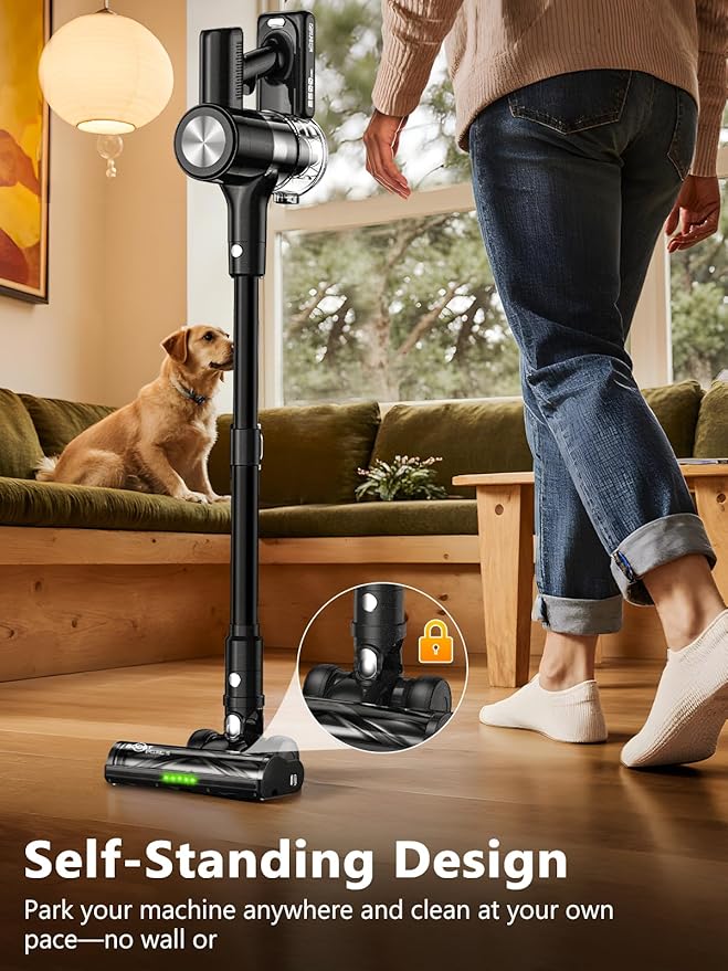 Cordless Vacuum Cleaner, 46Kpa/55 Mins Vacuum Cleaners for Home, Self-Standing Stick Vacuum with Rechargeable Dock,LED Display & Anti-Tangle,Lightweight Rechargeable Vacuum for Carpet,Floor (Black)