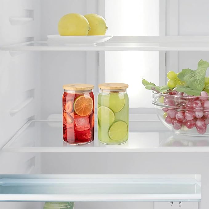 Glass Cups with Lids and Straws, 16 Oz - Set of 2 Reusable Iced Cold Coffee Tumblers - Clear Glass Bottle for Water with Bamboo Lids