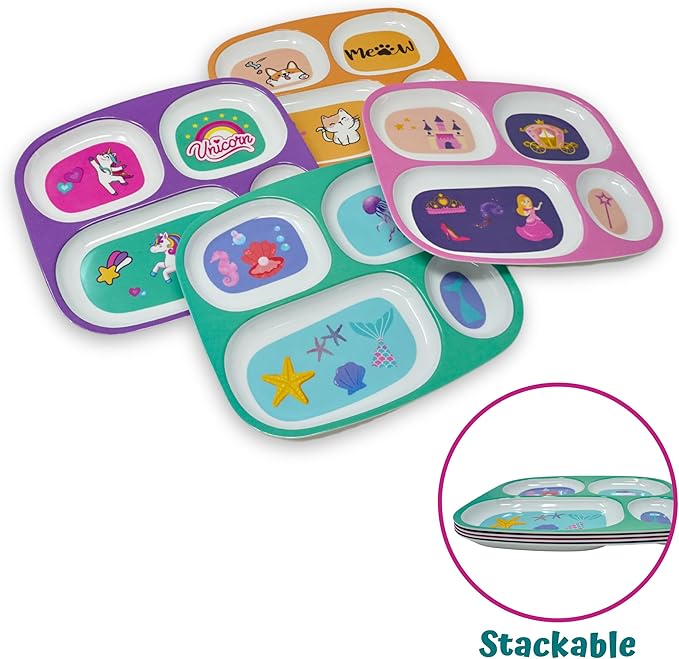 4E's Novelty 4 Melamine Dinner Plate for Kids Girls, Plastic Mealtime Divided Plates, Dinnerware Dishes Set For Toddlers Picky Eaters, BPA Free, Princess, Unicorn, Sea Life, Cat