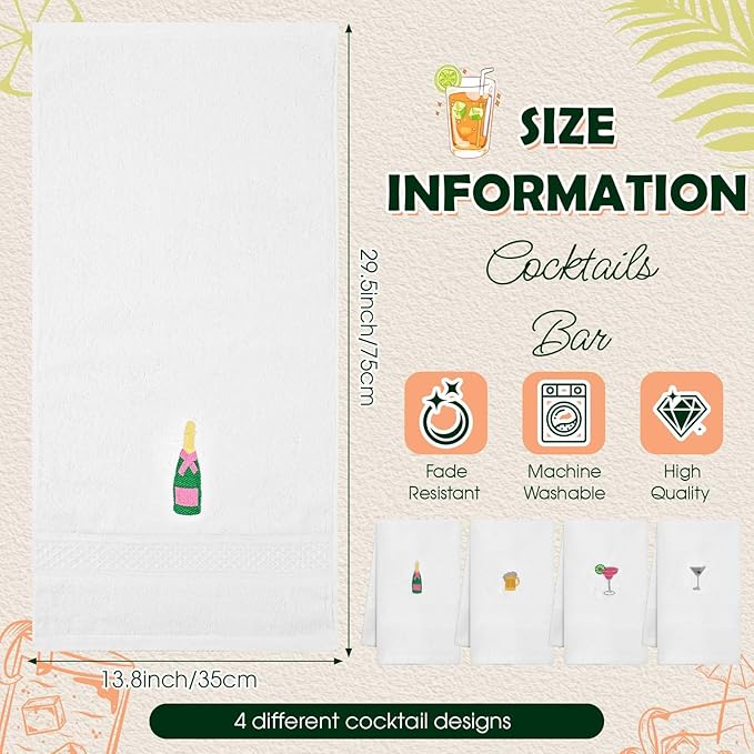 4 Pack Cocktail Drink Themed Towels Cotton Embroidered Hand Towels Gifts 29.5'' x 13.8'' Soft Absorbent Kitchen Bar Dish Cloths Bathroom Decorative Bachelorette Housewarming Party Supplies