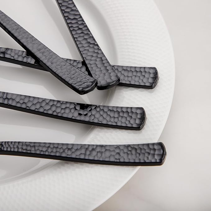 KIRE 400PCS Black Plastic Spoons and Forks Disposable - Black Plastic Silverware Set Disposable Cutlery - 200 Forks, 200 Spoons for New Year/Wedding