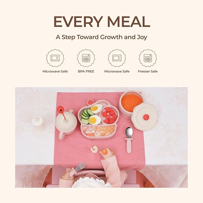 Silicone Baby Feeding Set, Gelato Collection Baby Led Weaning Supplies, First Self-Feeding Set with Suction Bowl & Plate, Sippy Cup & Bib, Fork & Spoon,