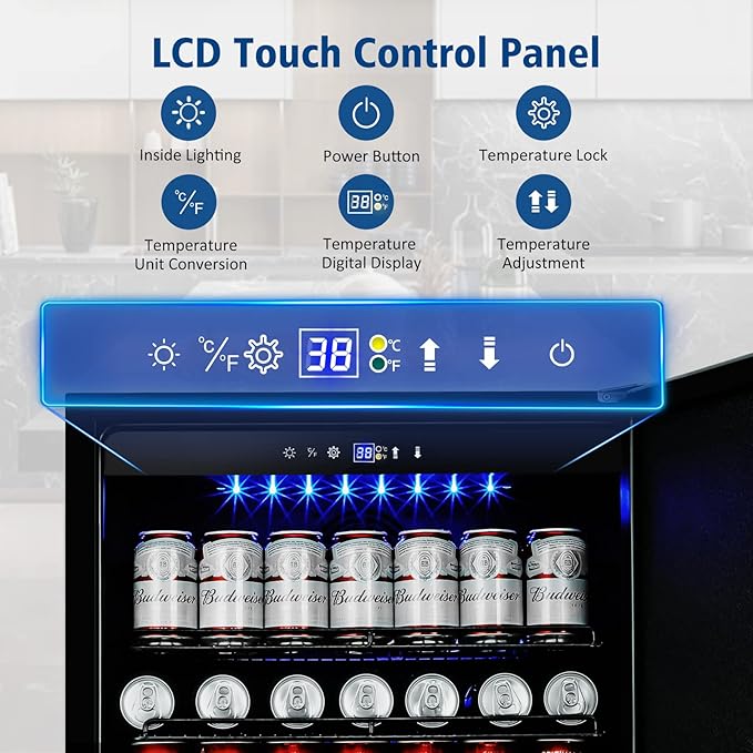 24 Inch Beverage Refrigerator Outdoor, Under Counter Beverage Cooler for Patio, Built-in Drink Fridge 210 Cans, with Stainless Steel Door for Soda, Beer, Wine